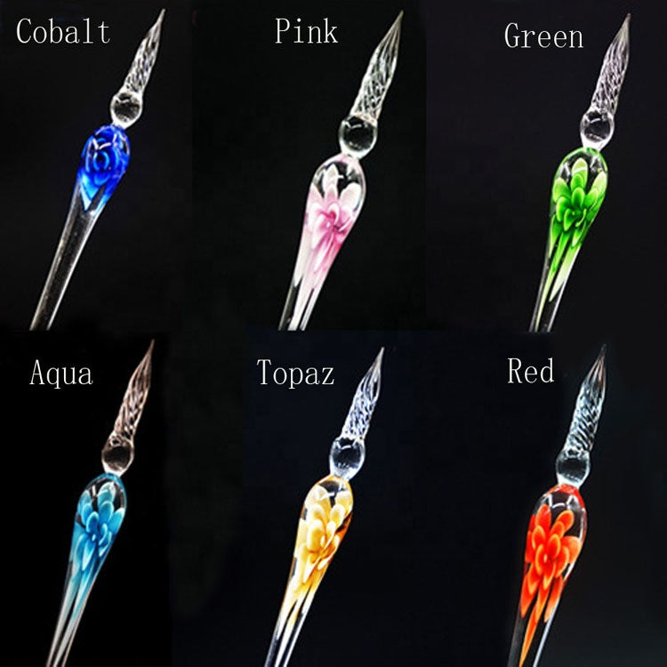 3D Floral Crystal Glass Dip Pen for Drawing & Writing
